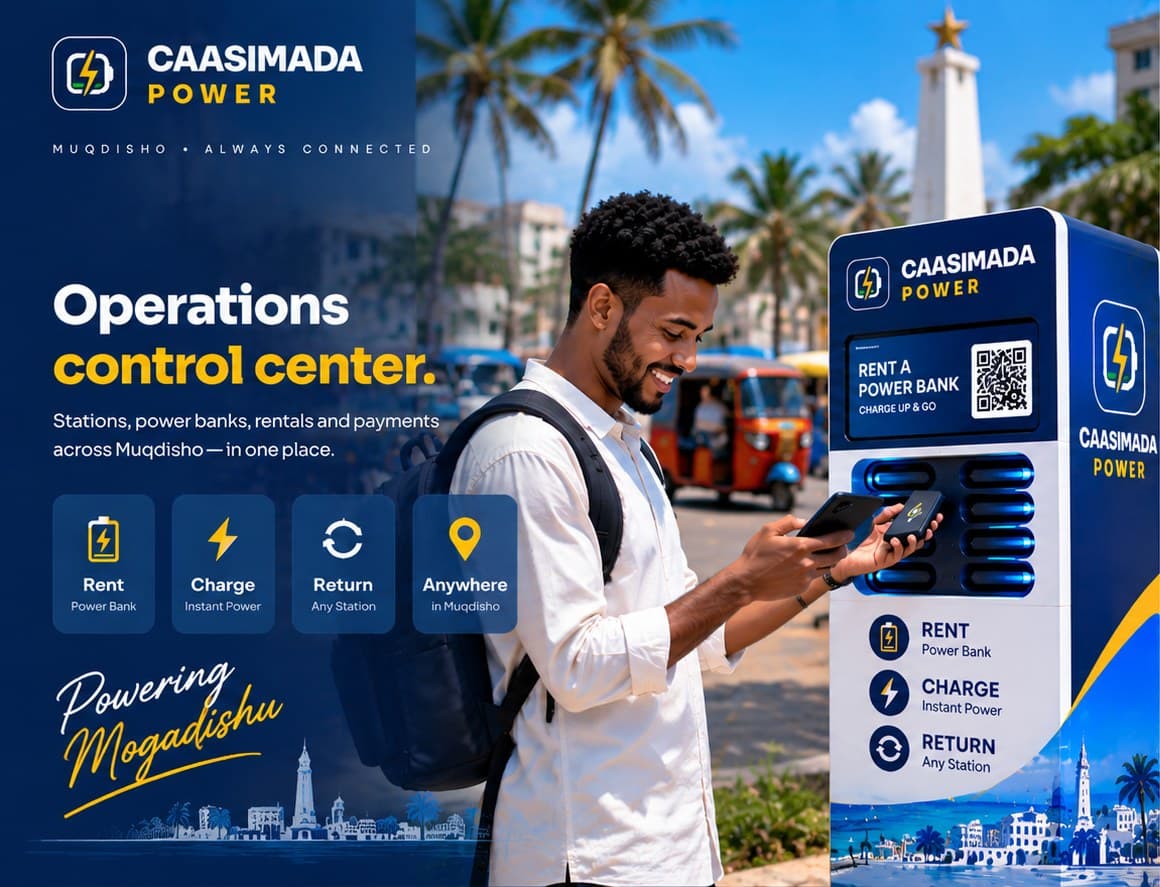CAASIMADA POWER — Operations control center. Rent, charge, return anywhere in Muqdisho.